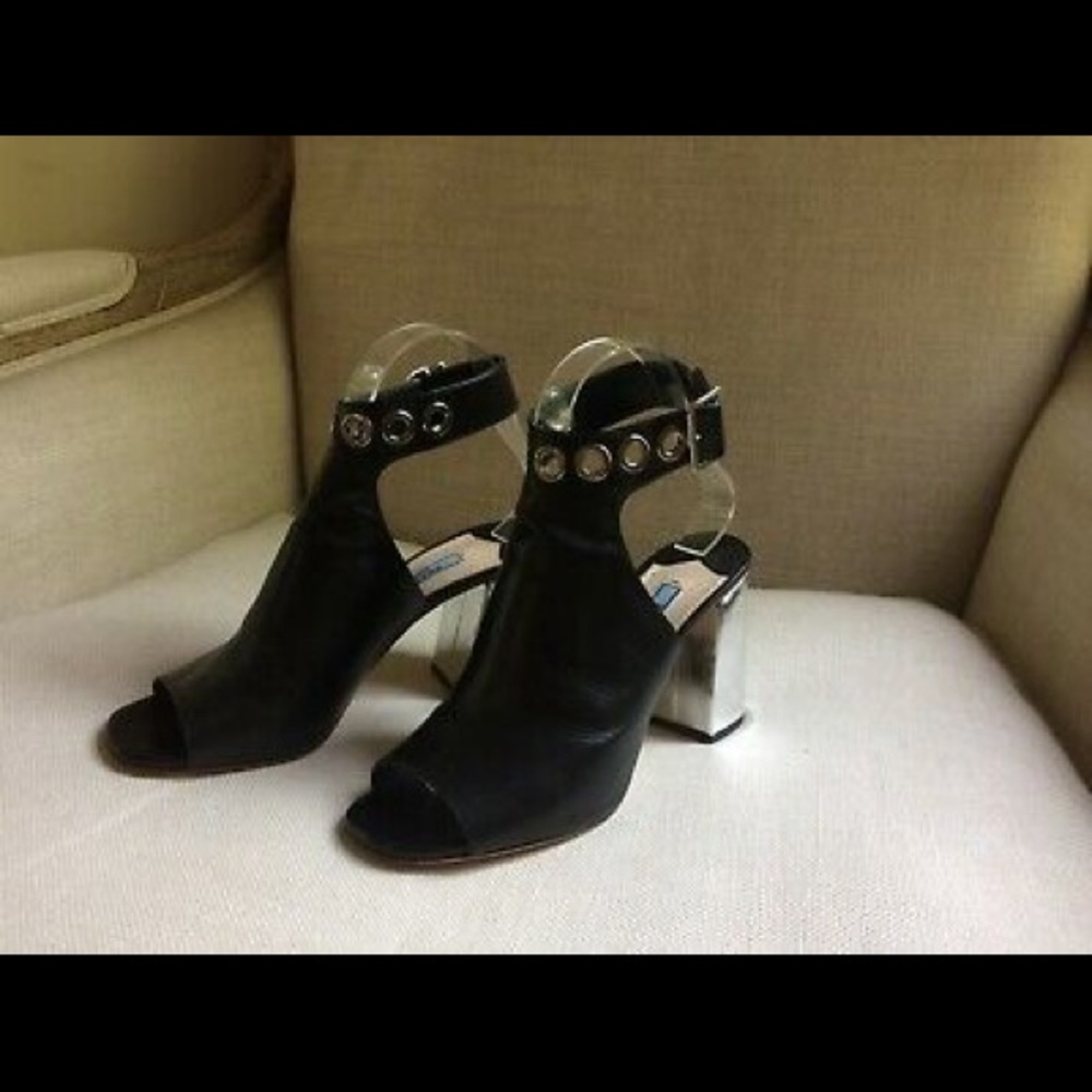 Prada Sandals Block Heel Grommet Black Leather 6.5